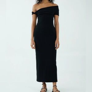 Third Form intertwined off shoulder black knit midi dress
